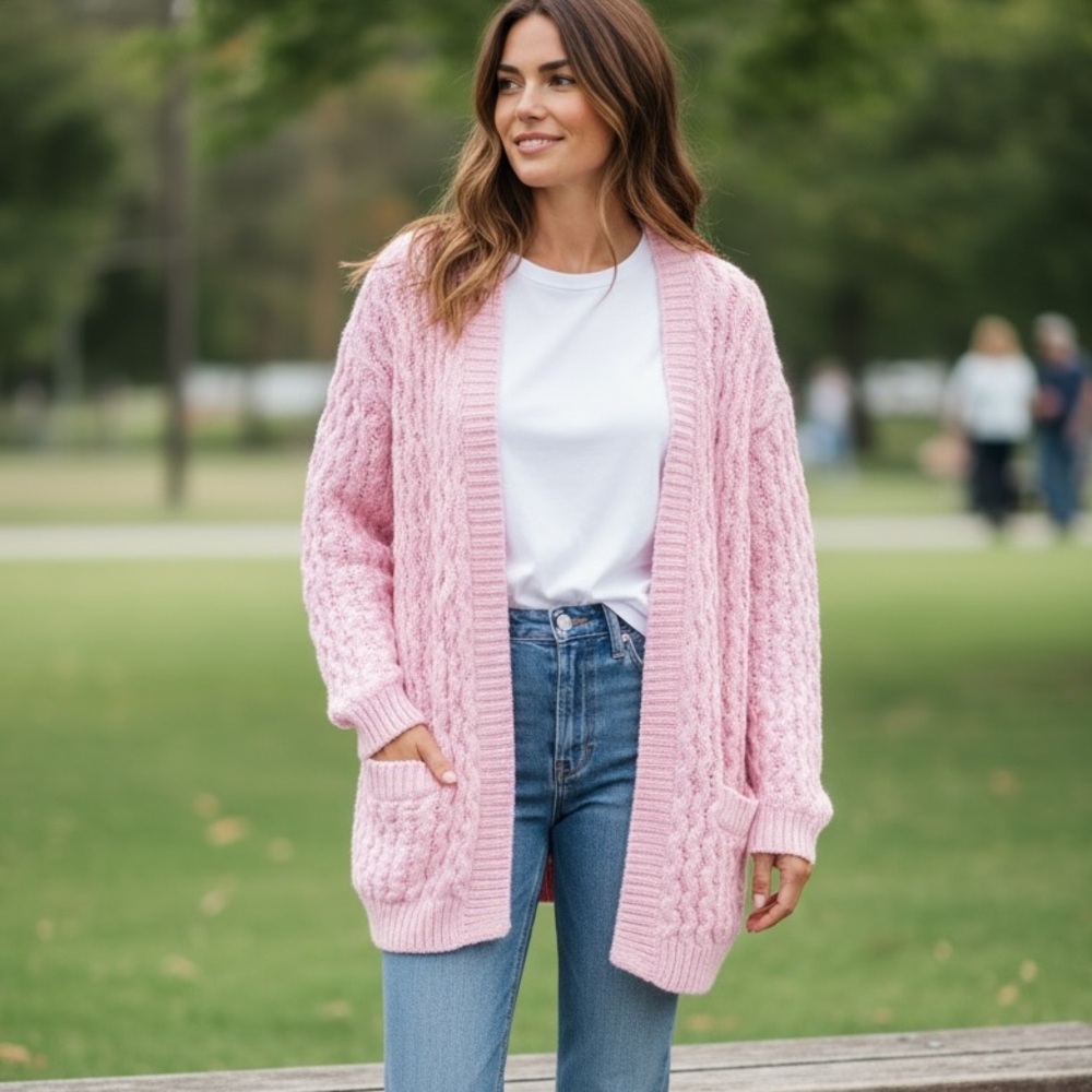 H&M Oversized Cable Knit Cardigan Bubblegum Pink Size XS